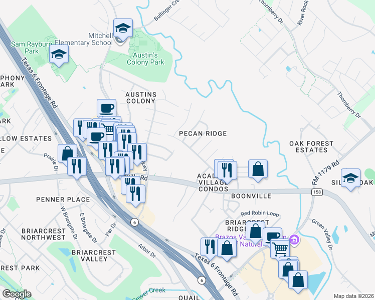 map of restaurants, bars, coffee shops, grocery stores, and more near 2414 Pecan Ridge Drive in Bryan