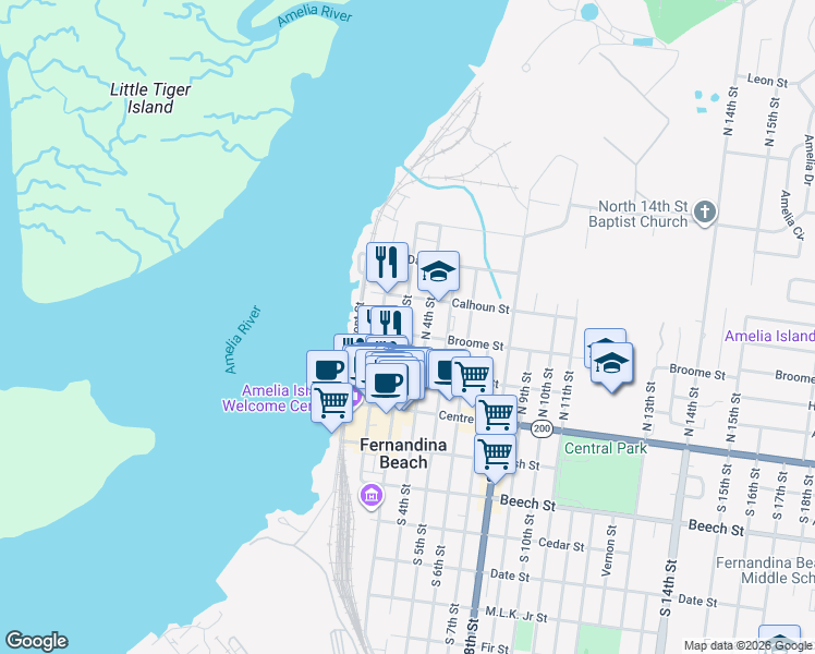 map of restaurants, bars, coffee shops, grocery stores, and more near 301 Broome Street in Fernandina Beach