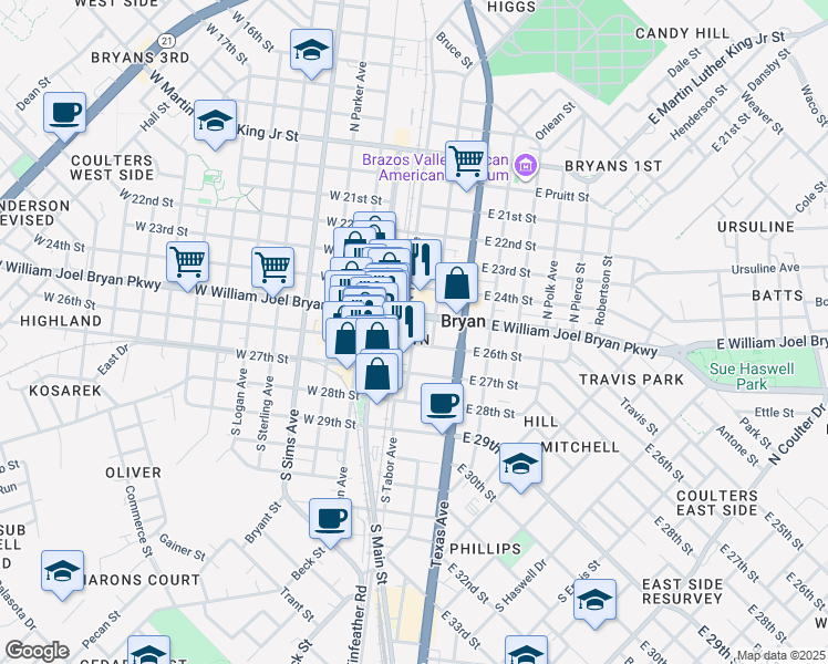 map of restaurants, bars, coffee shops, grocery stores, and more near 101 Regent Avenue in Bryan