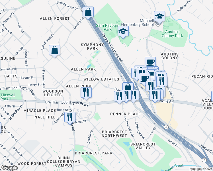 map of restaurants, bars, coffee shops, grocery stores, and more near 1711 Prairie Drive in Bryan