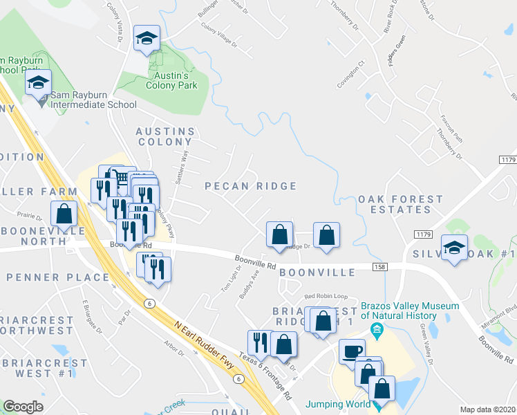 map of restaurants, bars, coffee shops, grocery stores, and more near 3601 Western Street in Bryan
