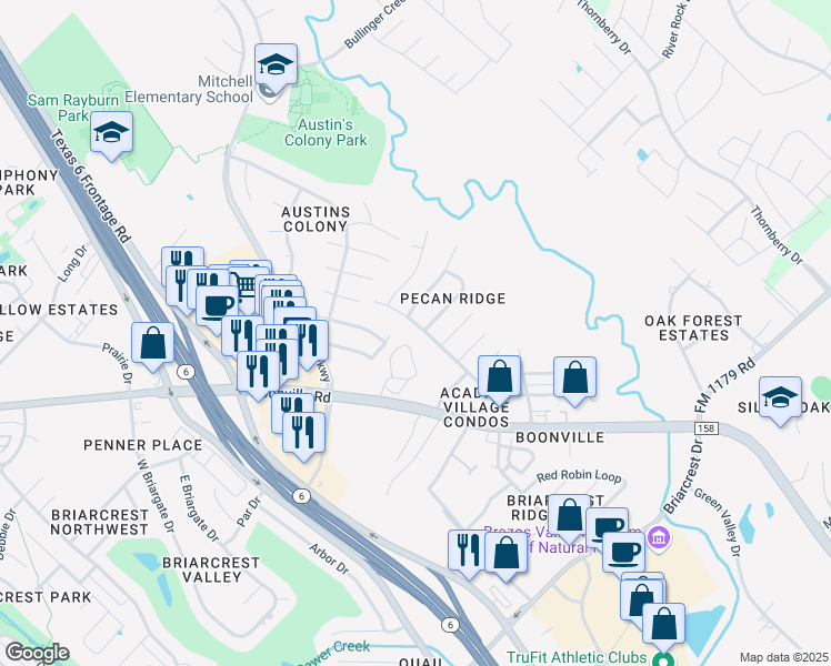 map of restaurants, bars, coffee shops, grocery stores, and more near 2416 Pecan Ridge Drive in Bryan