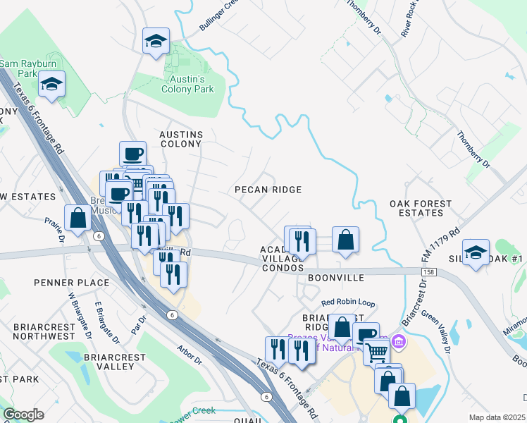 map of restaurants, bars, coffee shops, grocery stores, and more near 3603 Comanche Street in Bryan