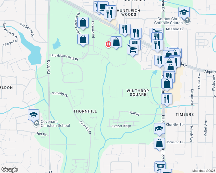 map of restaurants, bars, coffee shops, grocery stores, and more near 6716 Timbers Drive West in Mobile