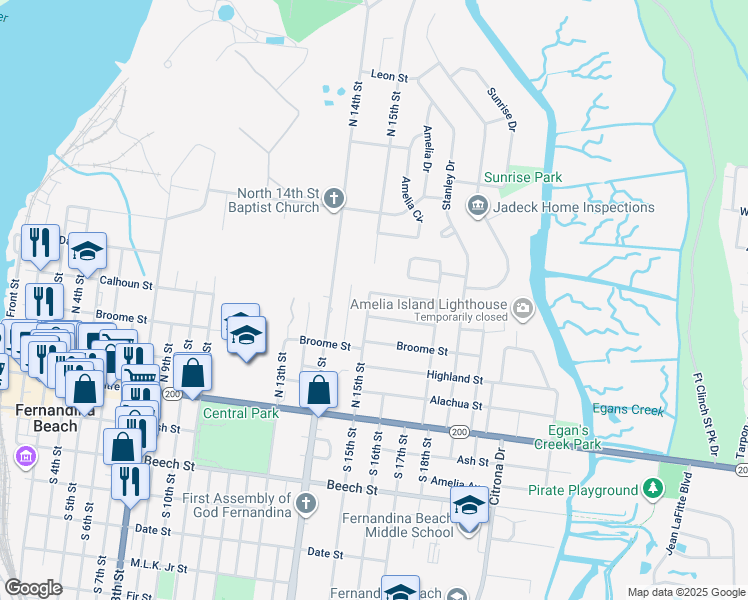 map of restaurants, bars, coffee shops, grocery stores, and more near 324 North 15th Street in Fernandina Beach
