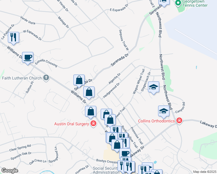 map of restaurants, bars, coffee shops, grocery stores, and more near 500 Algerita Drive in Georgetown