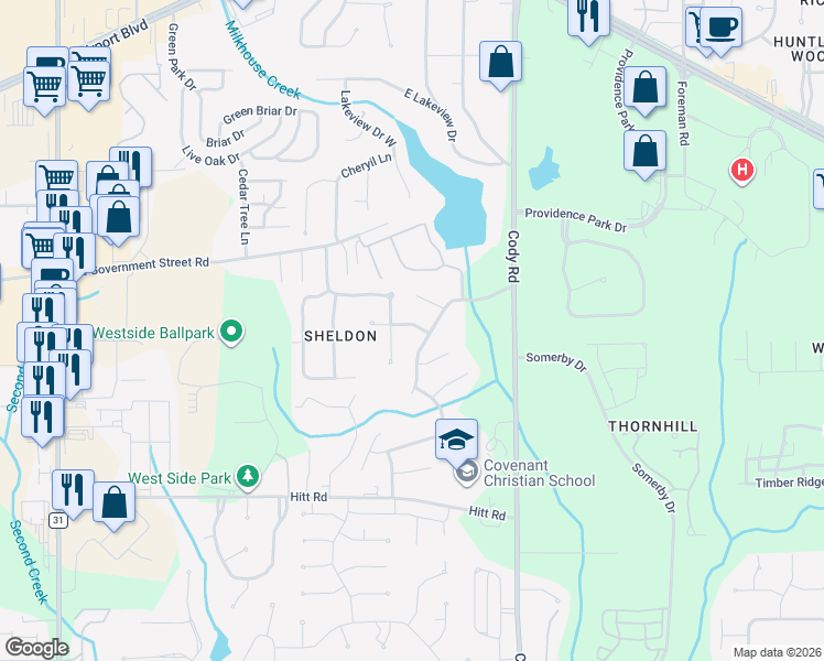 map of restaurants, bars, coffee shops, grocery stores, and more near 7251 Red Arrow Road in Mobile