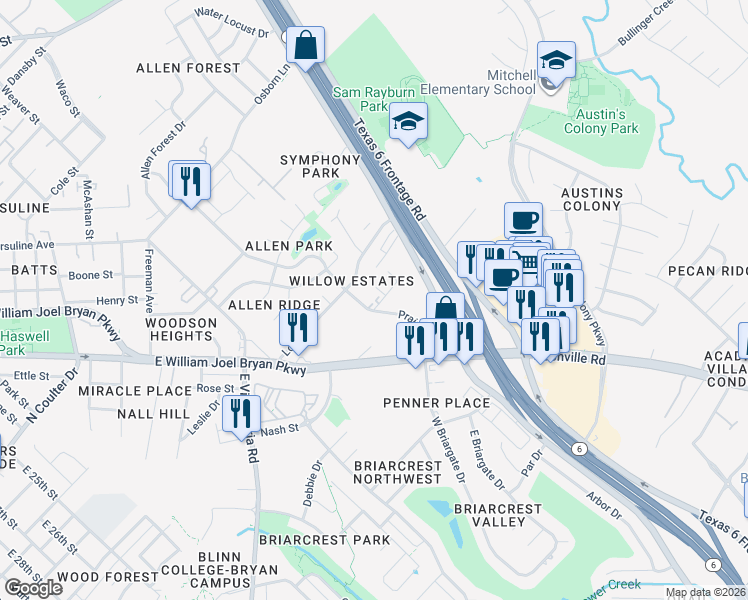 map of restaurants, bars, coffee shops, grocery stores, and more near 1711 Prairie Drive in Bryan