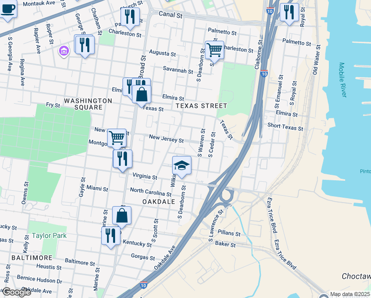 map of restaurants, bars, coffee shops, grocery stores, and more near 651 Montgomery Street in Mobile