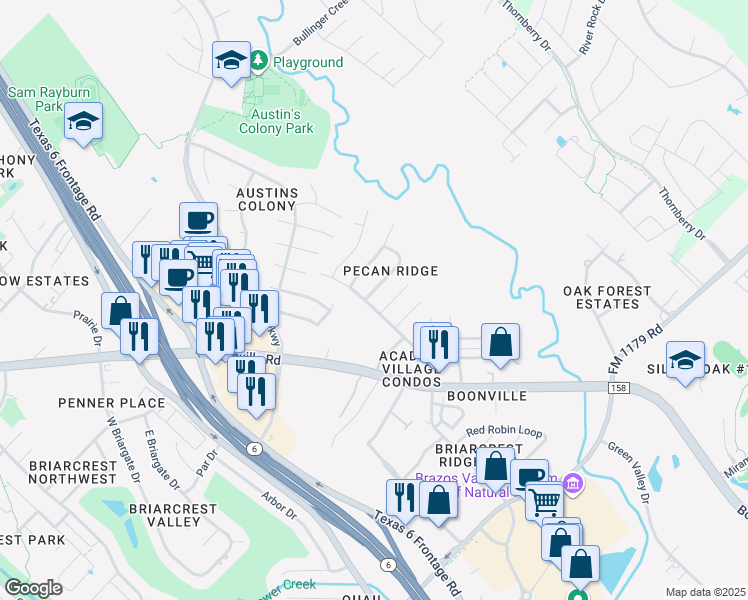 map of restaurants, bars, coffee shops, grocery stores, and more near 2416 Pecan Ridge Drive in Bryan