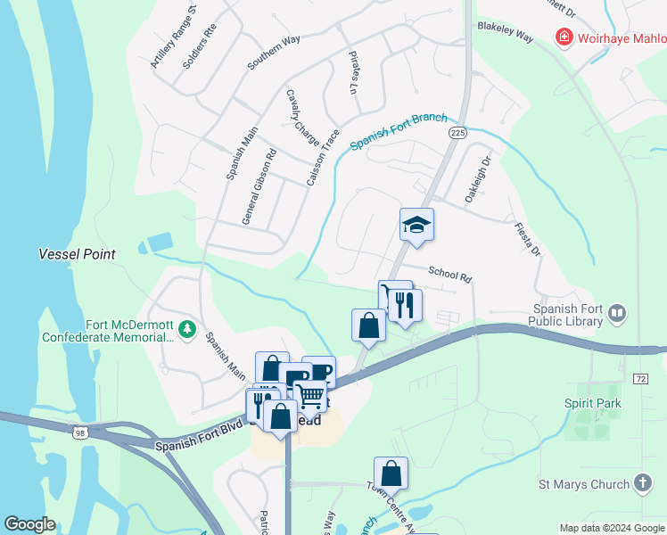 map of restaurants, bars, coffee shops, grocery stores, and more near 30798 Parapet Court in Spanish Fort