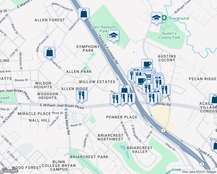 map of restaurants, bars, coffee shops, grocery stores, and more near 2308 Berger Drive in Bryan