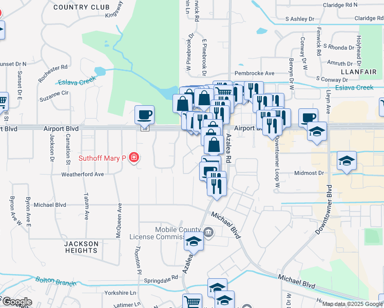 map of restaurants, bars, coffee shops, grocery stores, and more near 4031 Airport Boulevard in Mobile