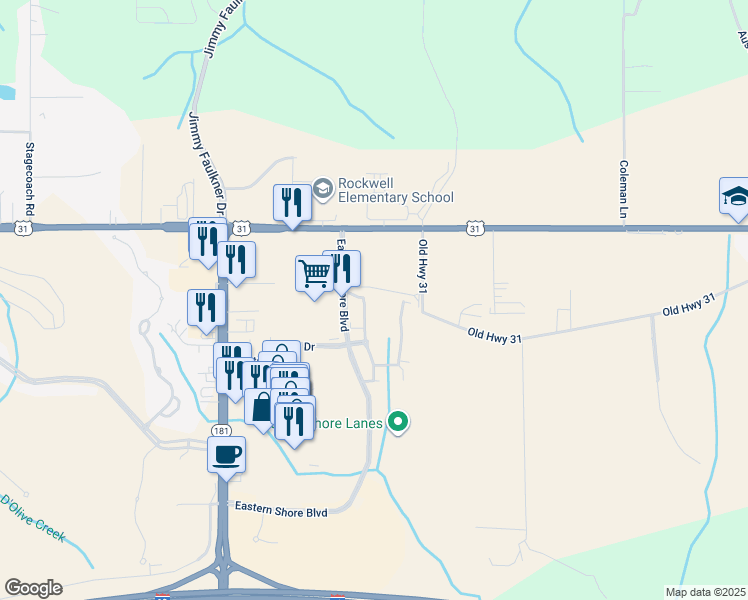 map of restaurants, bars, coffee shops, grocery stores, and more near 10558 Eastern Shore Boulevard in Spanish Fort