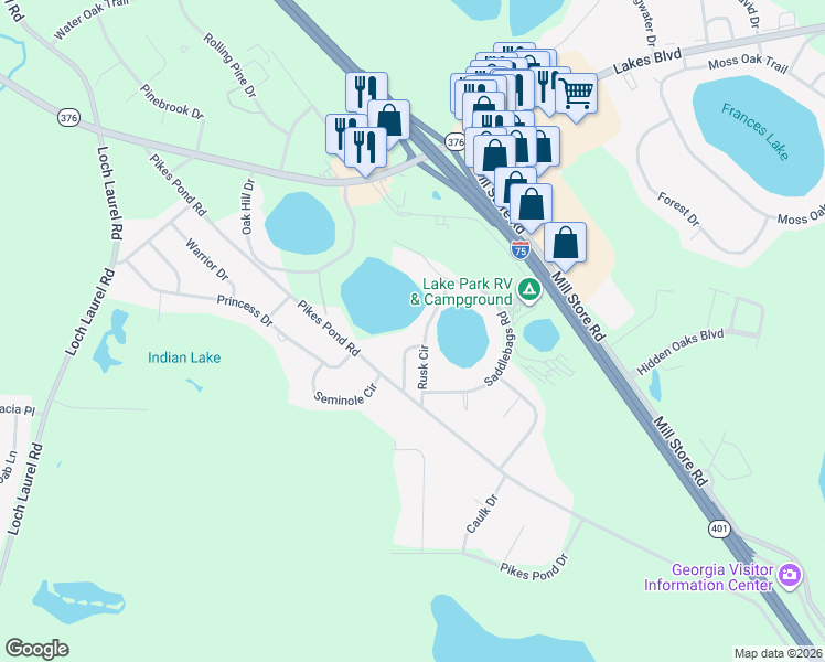 map of restaurants, bars, coffee shops, grocery stores, and more near 5102 Rusk Circle in Lake Park