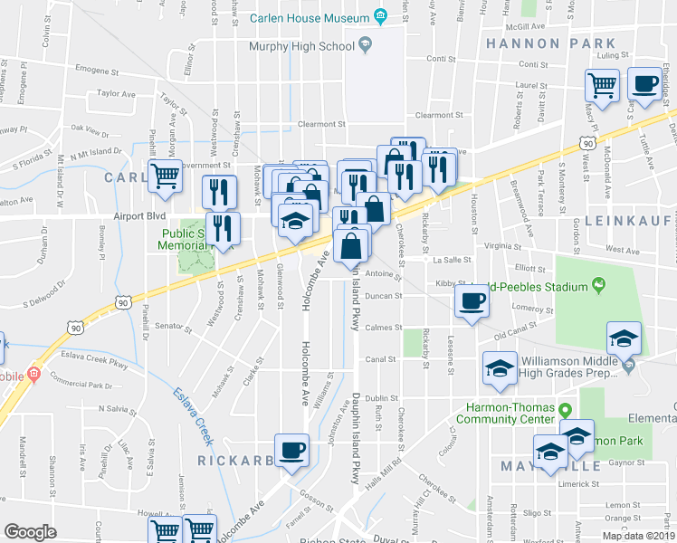 map of restaurants, bars, coffee shops, grocery stores, and more near 2008 Granger Street in Mobile