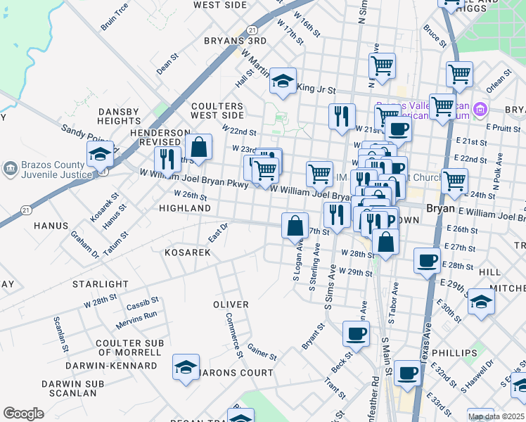 map of restaurants, bars, coffee shops, grocery stores, and more near 100 South Congress Street in Bryan