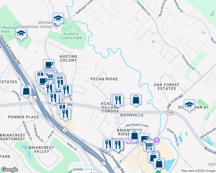 map of restaurants, bars, coffee shops, grocery stores, and more near 3601 Western Street in Bryan