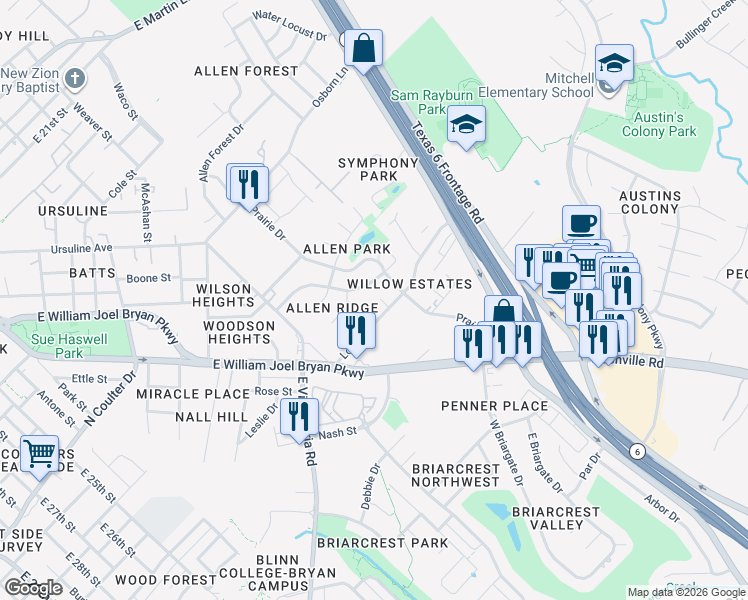 map of restaurants, bars, coffee shops, grocery stores, and more near 2320 Long Drive in Bryan