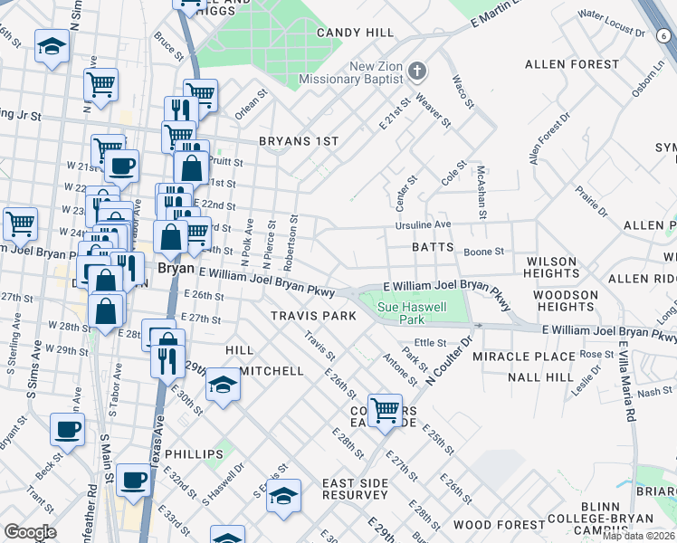 map of restaurants, bars, coffee shops, grocery stores, and more near 1015 East 24th Street in Bryan