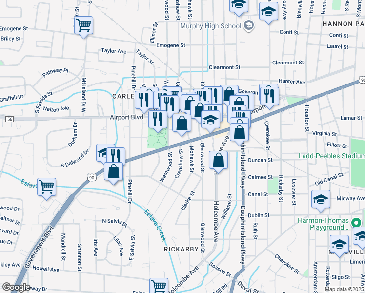map of restaurants, bars, coffee shops, grocery stores, and more near 401 Crenshaw Street in Mobile