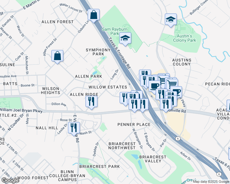 map of restaurants, bars, coffee shops, grocery stores, and more near 2303 Berger Drive in Bryan