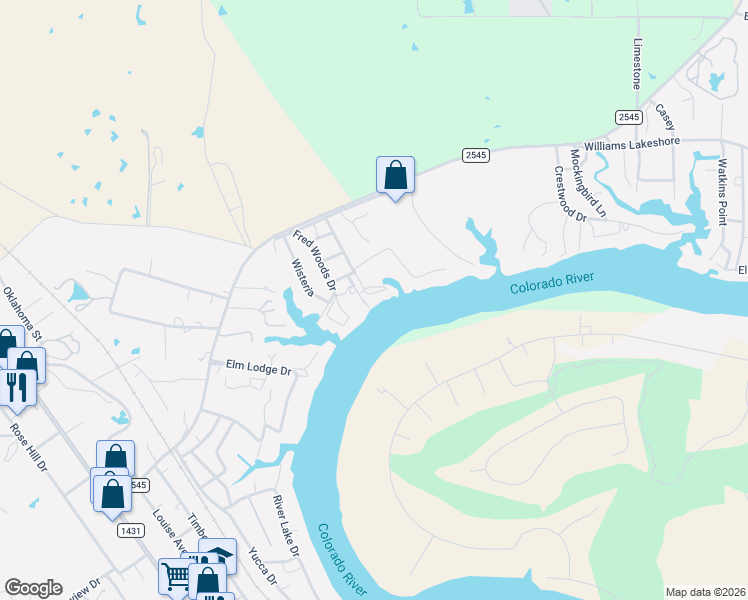 map of restaurants, bars, coffee shops, grocery stores, and more near 1932 Granite Cove Road in Kingsland