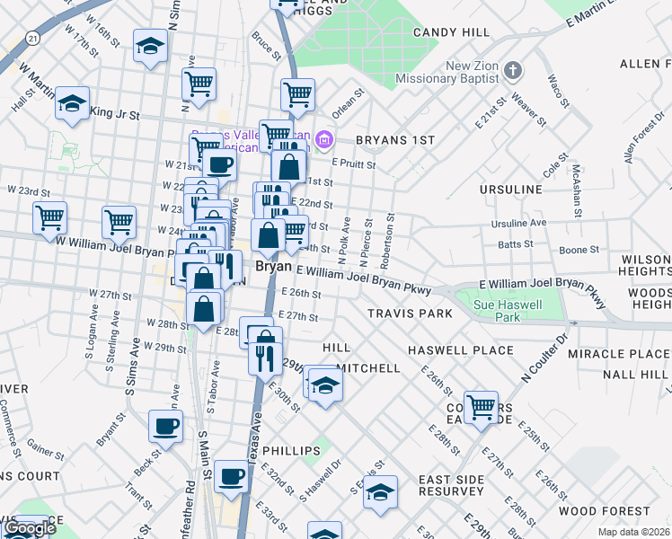 map of restaurants, bars, coffee shops, grocery stores, and more near 901 East William Joel Bryan Parkway in Bryan