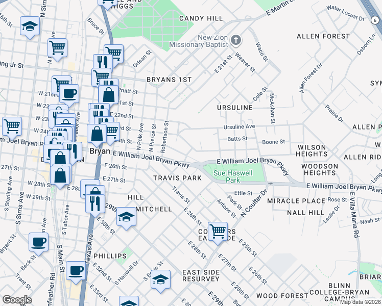 map of restaurants, bars, coffee shops, grocery stores, and more near 1015 East 24th Street in Bryan