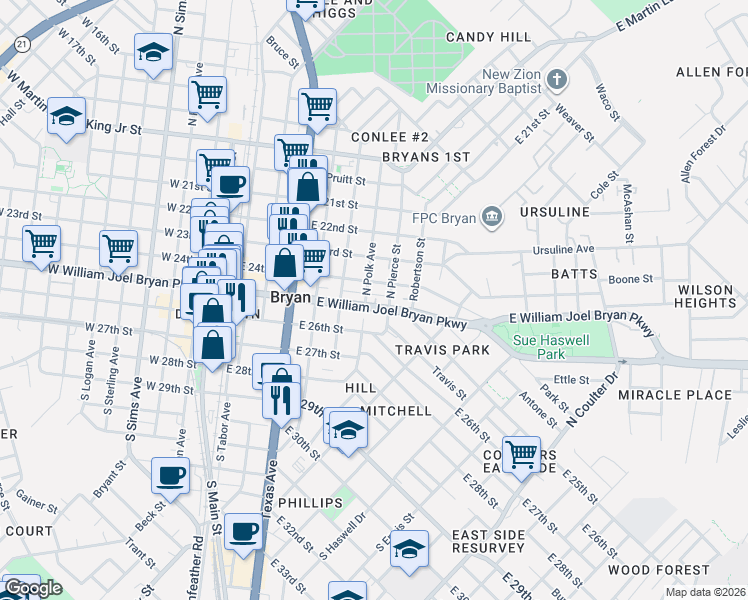 map of restaurants, bars, coffee shops, grocery stores, and more near 100-132 North Pierce Avenue in Bryan
