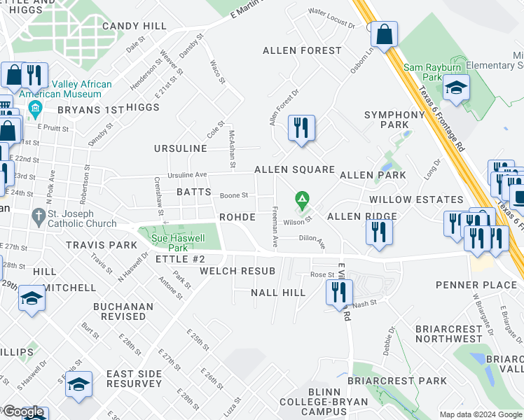 map of restaurants, bars, coffee shops, grocery stores, and more near 1604 Henry Street in Bryan