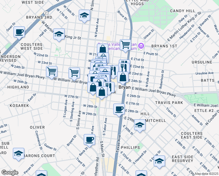 map of restaurants, bars, coffee shops, grocery stores, and more near 201-299 North Tabor Avenue in Bryan
