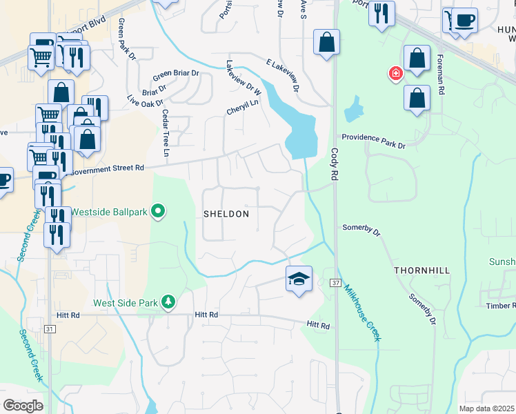 map of restaurants, bars, coffee shops, grocery stores, and more near 7323 Red Arrow Road in Mobile