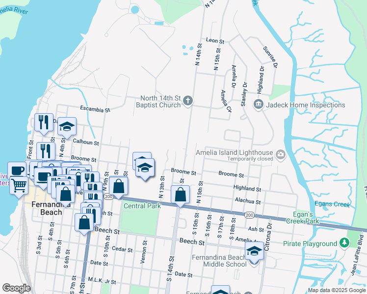 map of restaurants, bars, coffee shops, grocery stores, and more near 319 North 14th Street in Fernandina Beach