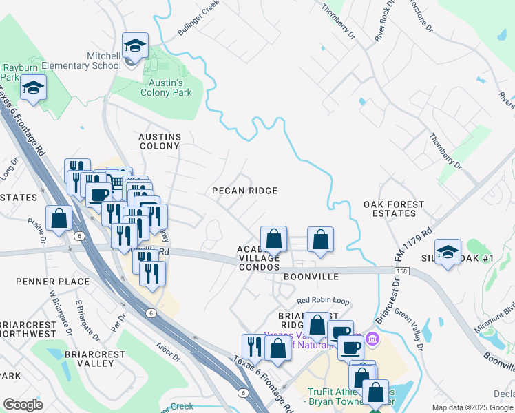map of restaurants, bars, coffee shops, grocery stores, and more near 3612 Mahan Street in Bryan