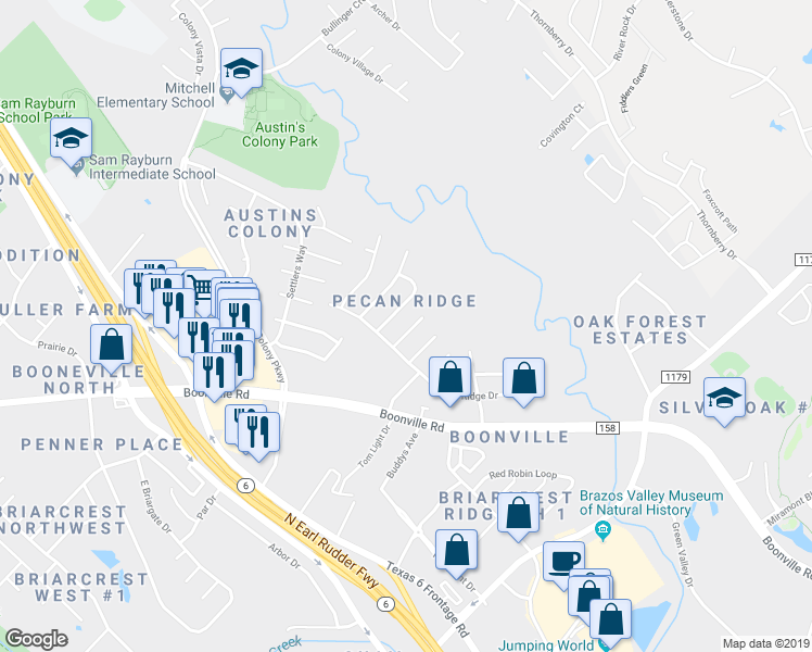 map of restaurants, bars, coffee shops, grocery stores, and more near 3612 Mahan Street in Bryan