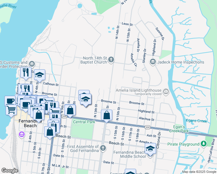map of restaurants, bars, coffee shops, grocery stores, and more near 319 North 14th Street in Fernandina Beach
