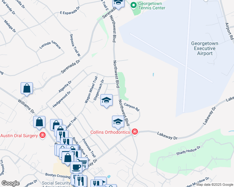 map of restaurants, bars, coffee shops, grocery stores, and more near 100 Thornwood Road in Georgetown