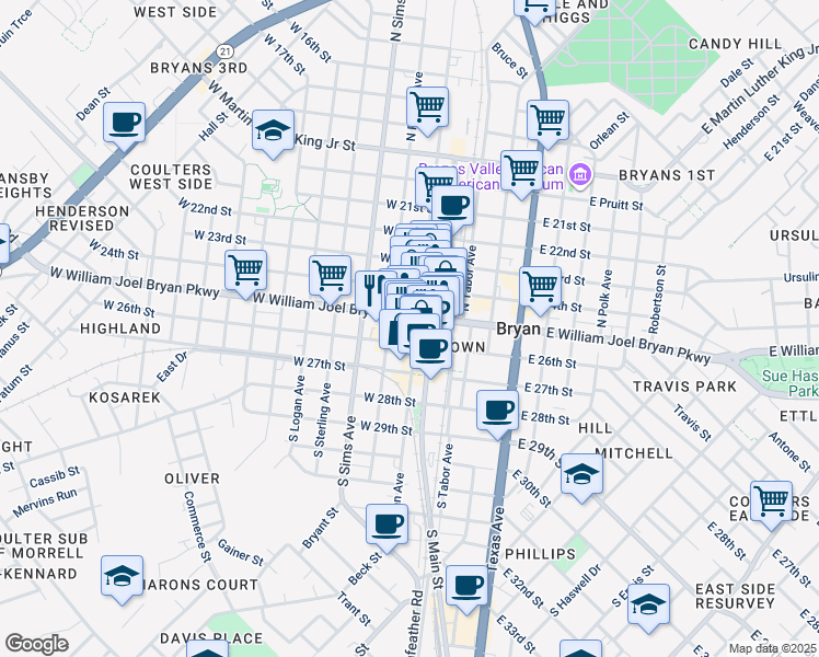 map of restaurants, bars, coffee shops, grocery stores, and more near 108 North Bryan Avenue in Bryan