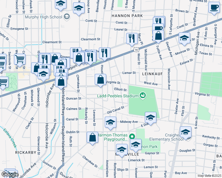 map of restaurants, bars, coffee shops, grocery stores, and more near 402 Weinacker Avenue in Mobile