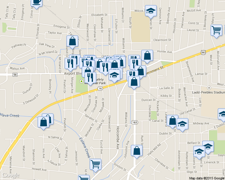 map of restaurants, bars, coffee shops, grocery stores, and more near 2103 Government Street in Mobile