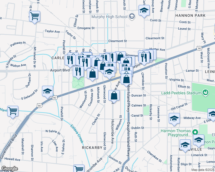 map of restaurants, bars, coffee shops, grocery stores, and more near 2103 Government Street in Mobile