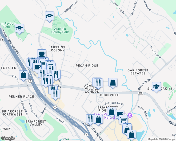 map of restaurants, bars, coffee shops, grocery stores, and more near 3612 Mahan Street in Bryan