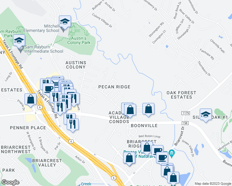 map of restaurants, bars, coffee shops, grocery stores, and more near 3609 Comanche Street in Bryan