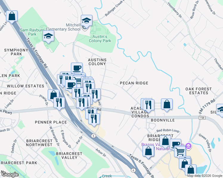 map of restaurants, bars, coffee shops, grocery stores, and more near 2310 Pecan Ridge Drive in Bryan
