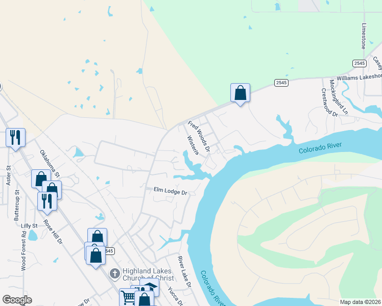 map of restaurants, bars, coffee shops, grocery stores, and more near 2327 Wisteria in Kingsland
