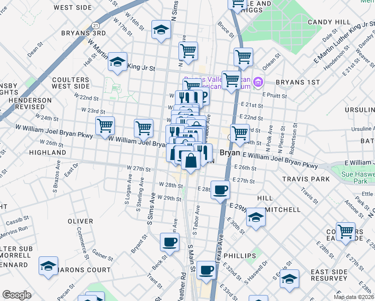 map of restaurants, bars, coffee shops, grocery stores, and more near 120 North Main Street in Bryan