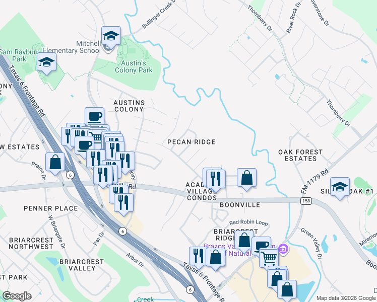 map of restaurants, bars, coffee shops, grocery stores, and more near 3612 Mahan Street in Bryan