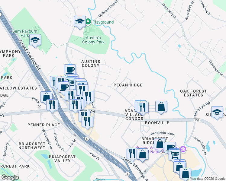 map of restaurants, bars, coffee shops, grocery stores, and more near 3602 Elliott Street in Bryan