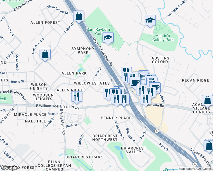 map of restaurants, bars, coffee shops, grocery stores, and more near 2424 Berger Drive in Bryan